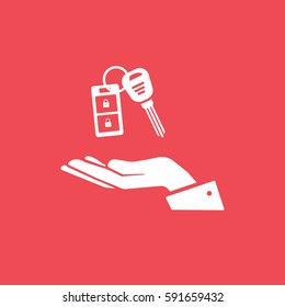 Car Key On Hand Flat Icon On Red Background