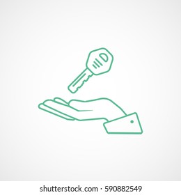 Car Key On Hand Green Line Icon On White Background