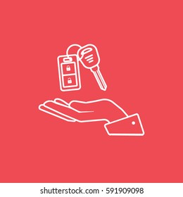 Car Key On Hand Line Icon On Red Background