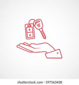 Car Key On Hand Red Line Icon On White Background