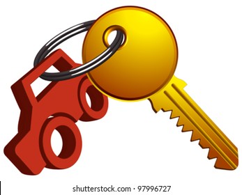 car and key on the same ring against white background, abstract vector art illustration
