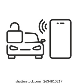 Car key in phone. Automatic open door in car. Linear vector illustration. Close auto in smartphone. IOT technology.