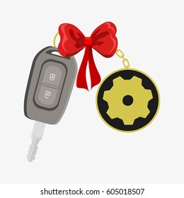 Car key with red ribbon. Gift concept. Isolated on white background. Flat vector stock illustration