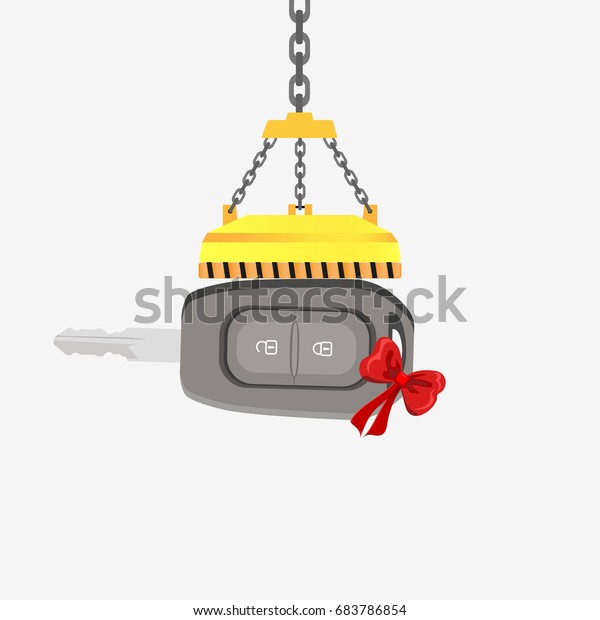 Car key\
with red ribbon hanging on magnet. Gift concept. Isolated on white\
background. Flat vector stock\
illustration