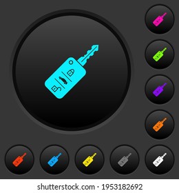 Car key with remote control dark push buttons with vivid color icons on dark grey background