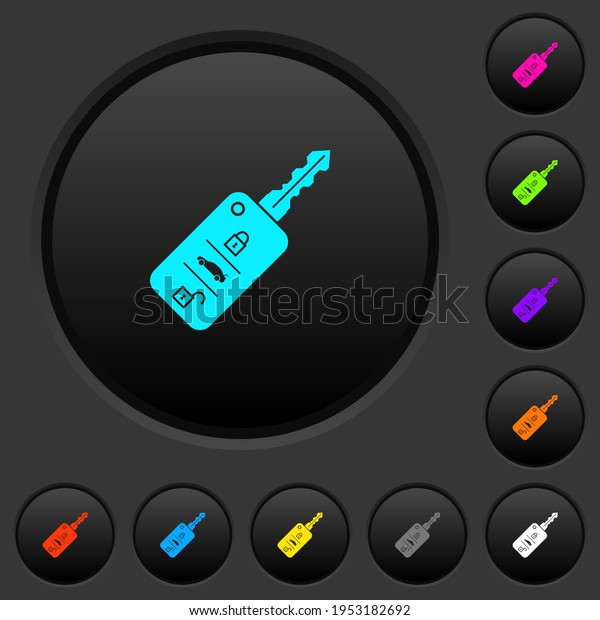 Car key with remote control dark\
push buttons with vivid color icons on dark grey\
background