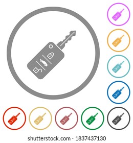 Car key with remote control flat color icons in round outlines on white background