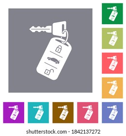 Car key with remote control flat icons on simple color square backgrounds