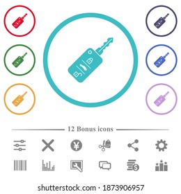Car key with remote control flat color icons in circle shape outlines. 12 bonus icons included.