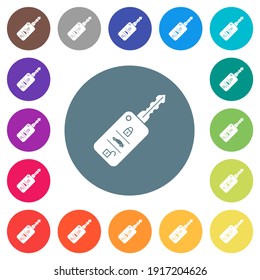 Car key with remote control flat white icons on round color backgrounds. 17 background color variations are included.