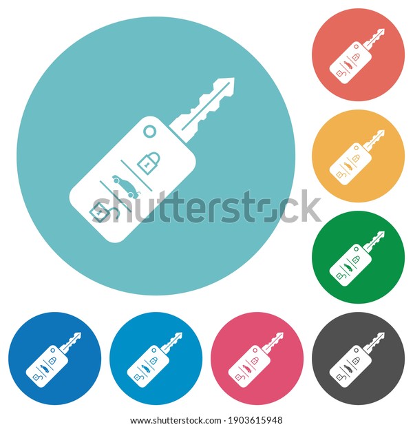 Car key with remote control flat white icons\
on round color backgrounds