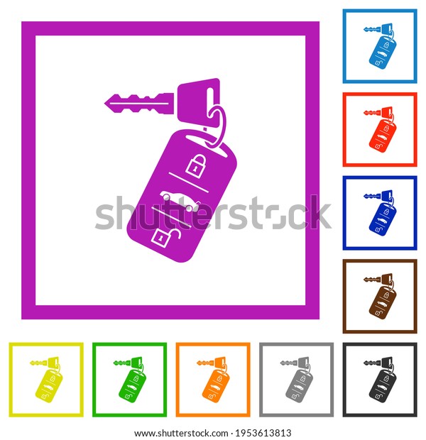 Car key with remote control flat color icons\
in square frames on white\
background