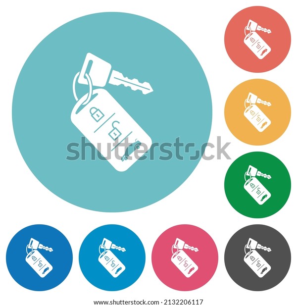 Car key with remote control flat white icons\
on round color backgrounds