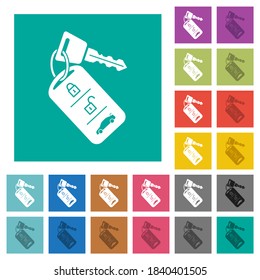 Car key with remote control multi colored flat icons on plain square backgrounds. Included white and darker icon variations for hover or active effects.