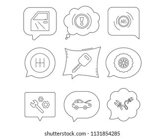 Car key, repair tools and manual gearbox icons. Wheel, warning ABS and battery terminal linear signs. Linear Speech bubbles with icons set. Comic chat balloon. Vector