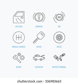 Car key, repair tools and manual gearbox icons. Wheel, warning ABS and battery terminal linear signs. Linear set icons on white background.