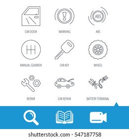 Car key, repair tools and manual gearbox icons. Wheel, warning ABS and battery terminal linear signs. Video cam, book and magnifier search icons. Vector