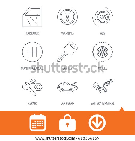 Car key, repair tools and manual gearbox icons. Wheel, warning ABS and battery terminal linear signs. Download arrow, locker and calendar web icons. Vector