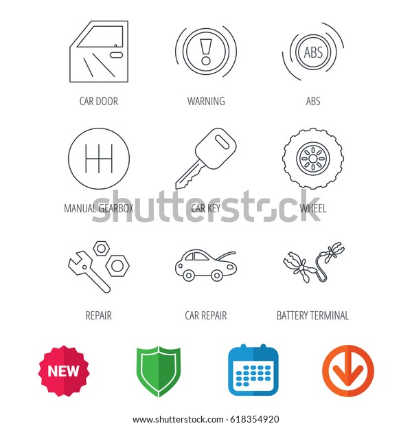 Car key, repair tools and
manual gearbox icons. Wheel, warning ABS and battery terminal
linear signs. New tag, shield and calendar web icons. Download
arrow. Vector
