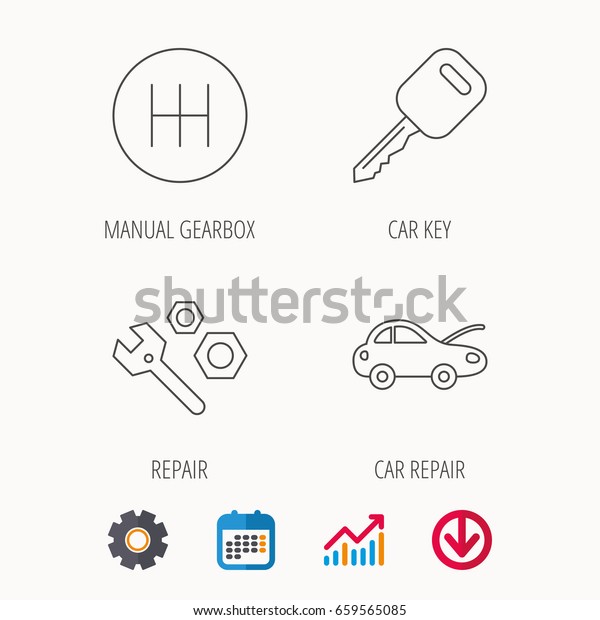 Car key, repair
tools and manual gearbox icons. Car repair, transmission linear
signs. Calendar, Graph chart and Cogwheel signs. Download colored
web icon. Vector