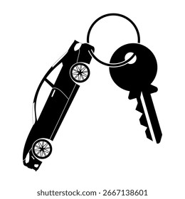 Ilustración vectorial de silueta de coche y llave. Un coche conectado a un llavero con una llave Grande. El diseño creativo simboliza la conducción, seguridad, propiedad, acceso y transporte.