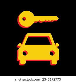 Signo simplista de la llave del coche. Icono Amarillo extruido 3D con los lados rojos un fondo negro. Ilustración.
