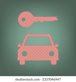 Car key simplistic sign. Apricot Icon with Brick Red parquet floor graphic pattern on a Ebony background. Feldgrau. Green. Illustration.
