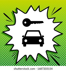 Car key simplistic sign. Black Icon on white popart Splash at green background with white spots. Illustration.