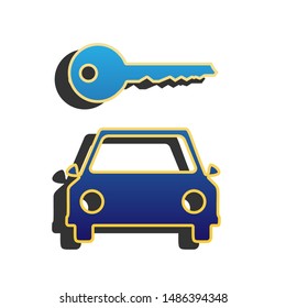 Car key simplistic sign. Blue icon with gold contour with dark gray shadow at white background. Illustration.