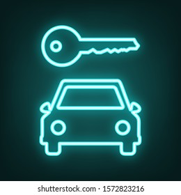 Car key simplistic sign. Cyan neon icon in the dark. Bluring. Luminescence. Illustration.