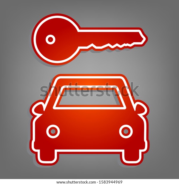 Car key\
simplistic sign. Flat red icon with linear white icon with gray\
shadow at grayish background.\
Illustration.