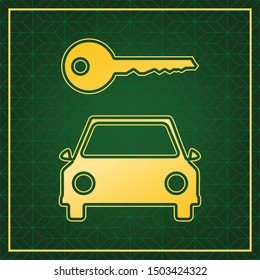 Car key simplistic sign. Golden icon with gold contour at dark green gridded background. Illustration.