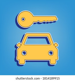 Signo simplista de la llave del coche. Icono dorado con contorno blanco en fondo azul claro. Ilustración.