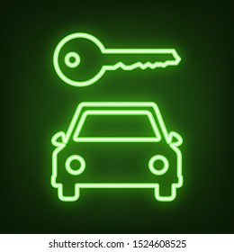Car key simplistic sign. Green neon icon in the dark. Blurred lightening. Illustration.