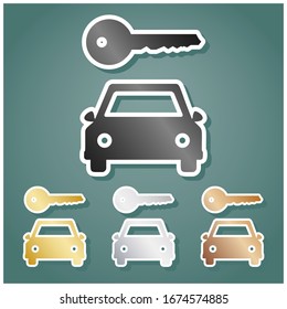 Car key simplistic sign. Set of metallic Icons with gray, gold, silver and bronze gradient with white contour and shadow at viridan background. Illustration.