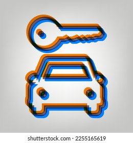 Signo simplista de la llave del coche. Icono marcado en colores naranja, azul y lavanda antigua en fondo gris. Ilustración.