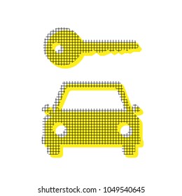 Car key simplistic sign. Vector. Yellow icon with square pattern duplicate at white background. Isolated.