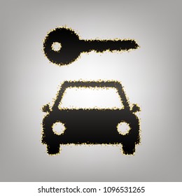 Car key simplistic sign. Vector. Blackish icon with golden stars at grayish background.