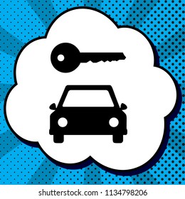 Car key simplistic sign. Vector. Black icon in bubble on blue pop-art background with rays.