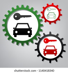 Car key simplistic sign. Vector. Three connected gears with icons at grayish background.