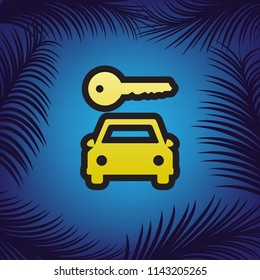 Car key simplistic sign. Vector. Golden icon with black contour at blue background with branches of palm trees.
