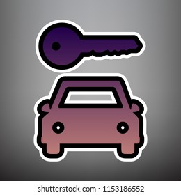 Car key simplistic sign. Vector. Violet gradient icon with black and white linear edges at gray background.