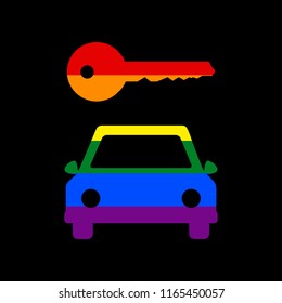 Car key simplistic sign. Vector. Icon with colors of LGBT flag at black background.