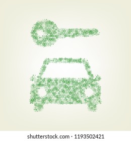 Car key simplistic sign. Vector. Green hexagon rastered icon and noised opacity and size at light green background with central light.