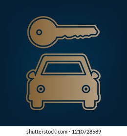 Car key simplistic sign. Vector. Golden icon and border at dark cyan background.