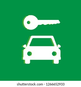 Car key simplistic sign. Vector. White flat icon with yellow striped shadow at green background.