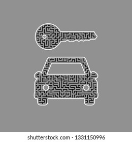 Car key simplistic sign. Vector. Black maze filled icon with white border at gray background.