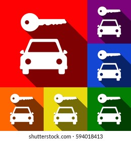 Car key simplistic sign. Vector. Set of icons with flat shadows at red, orange, yellow, green, blue and violet background.