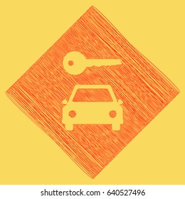 Car key simplistic sign. Vector. Red scribble icon obtained as a result of subtraction rhomb and path. Royal yellow background.