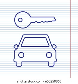Car key simplistic sign. Vector. Navy line icon on notebook paper as background with red line for field.